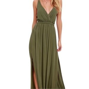 Lulus Olive Green Crinkle Rayon Backless Strappy Maxi Dress